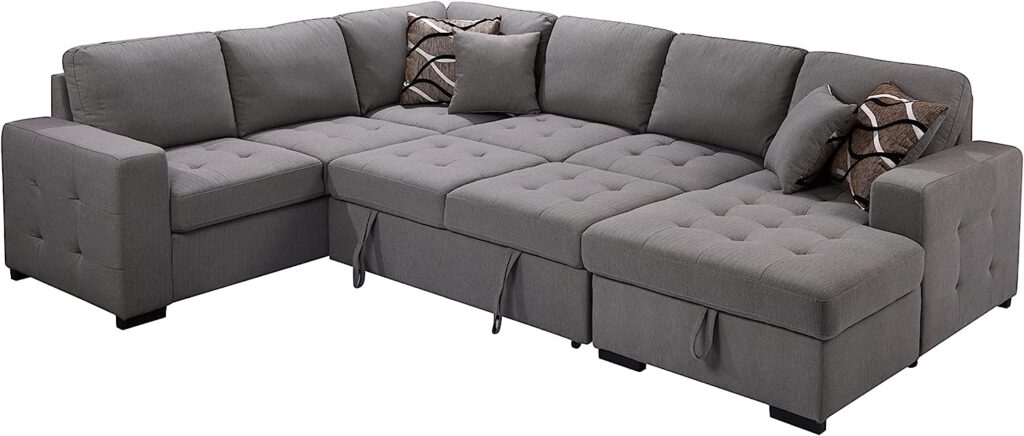 THSUPER 6-Seaters Sectional Sleeper Sofa with Pull Out Bed with Chaise Lounge and Storage, U Shape Couches Set for Living Room - Grey