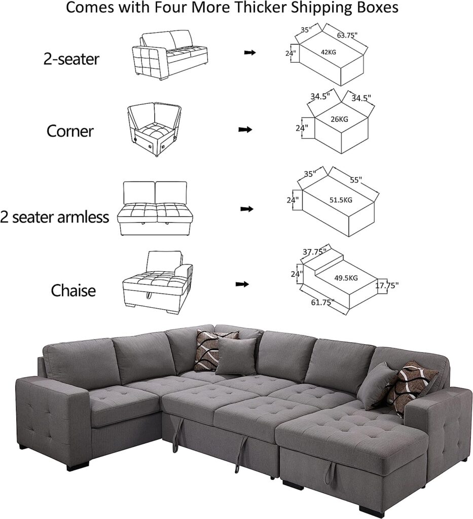 THSUPER 6-Seaters Sectional Sleeper Sofa with Pull Out Bed with Chaise Lounge and Storage, U Shape Couches Set for Living Room - Grey