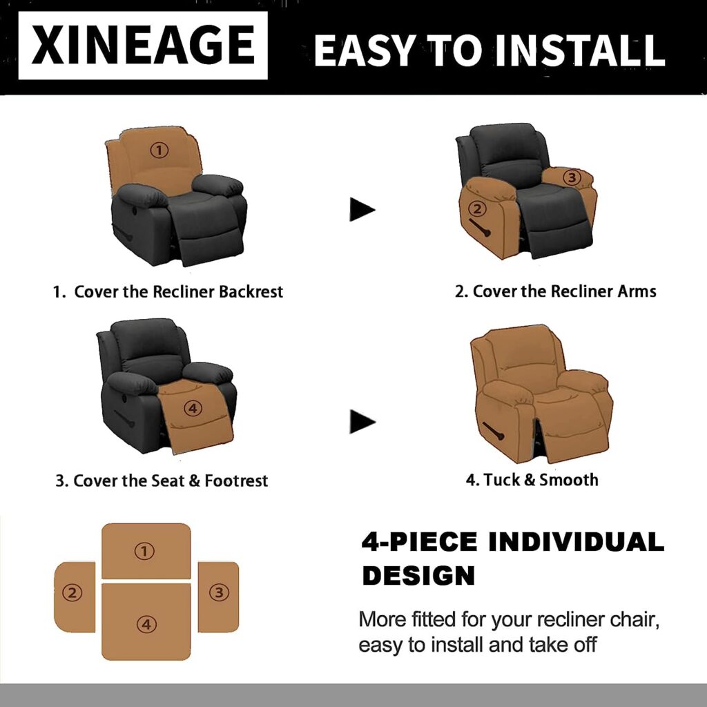 XINEAGE 4 Pieces Recliner Cover Stretch Jacquard Recliner Chair Covers The Newest Design Soft Recliner Slipcovers with Pocket for Kids and Pets, Washable Couch Cover (Recliner, Coffee)