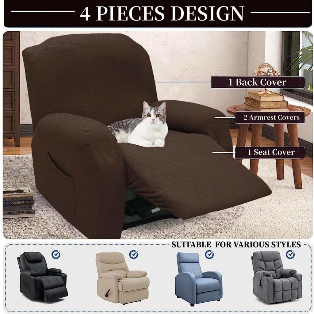 XINEAGE 4 Pieces Recliner Cover Stretch Jacquard Recliner Chair Covers The Newest Design Soft Recliner Slipcovers with Pocket for Kids and Pets, Washable Couch Cover (Recliner, Coffee)