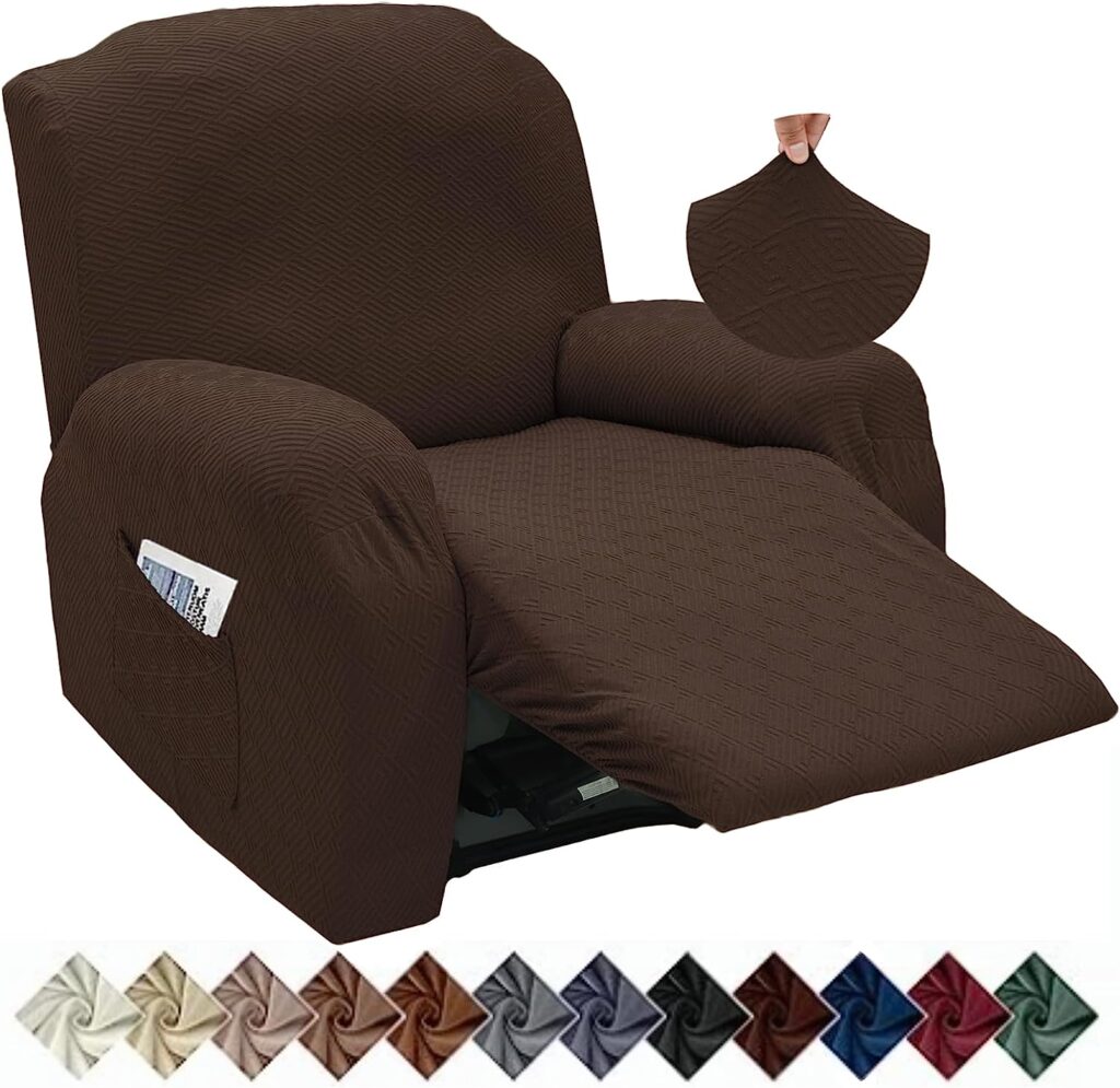 XINEAGE 4 Pieces Recliner Cover Stretch Jacquard Recliner Chair Covers The Newest Design Soft Recliner Slipcovers with Pocket for Kids and Pets, Washable Couch Cover (Recliner, Coffee)