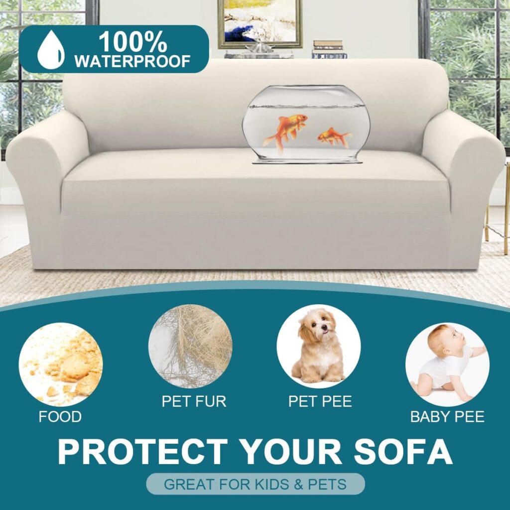 100% Waterproof Couch Covers Dual Waterproof Sofa Cover For Pets Stretch Sofa Slipcover For 3 Cushion Couch Washable Leakproof Sofa Protector Feature Thick Waterproof Fleece Fabric (Sofa, Ivory)