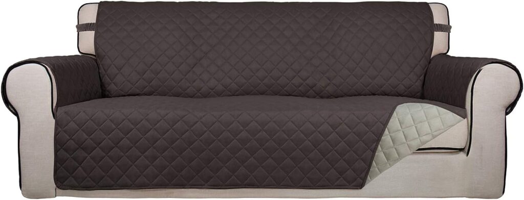 PureFit Reversible Quilted Sofa Cover, Water Resistant Slipcover Furniture Protector, Washable Couch Cover with Non Slip Foam and Elastic Straps for Kids, Dogs, Pets (Sofa, Chocolate/Beige)