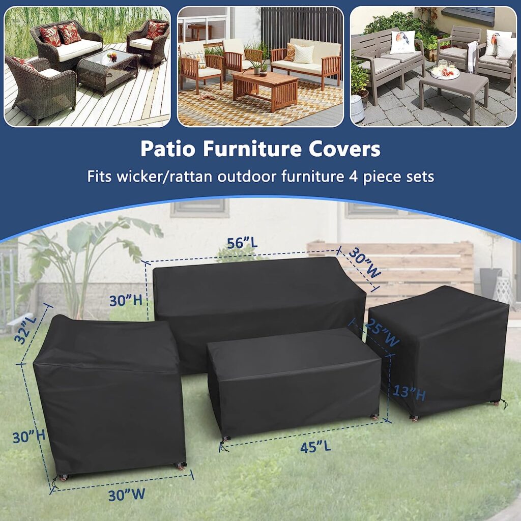 STARTWO 2 Years Lifespan Patio Furniture Covers 4 Piece Set, Heavy Duty Waterproof Outdoor Furniture Cover, Windproof Patio Cover for Rattan Wicker Conversation Set, Patio Furniture Set Cover, Black