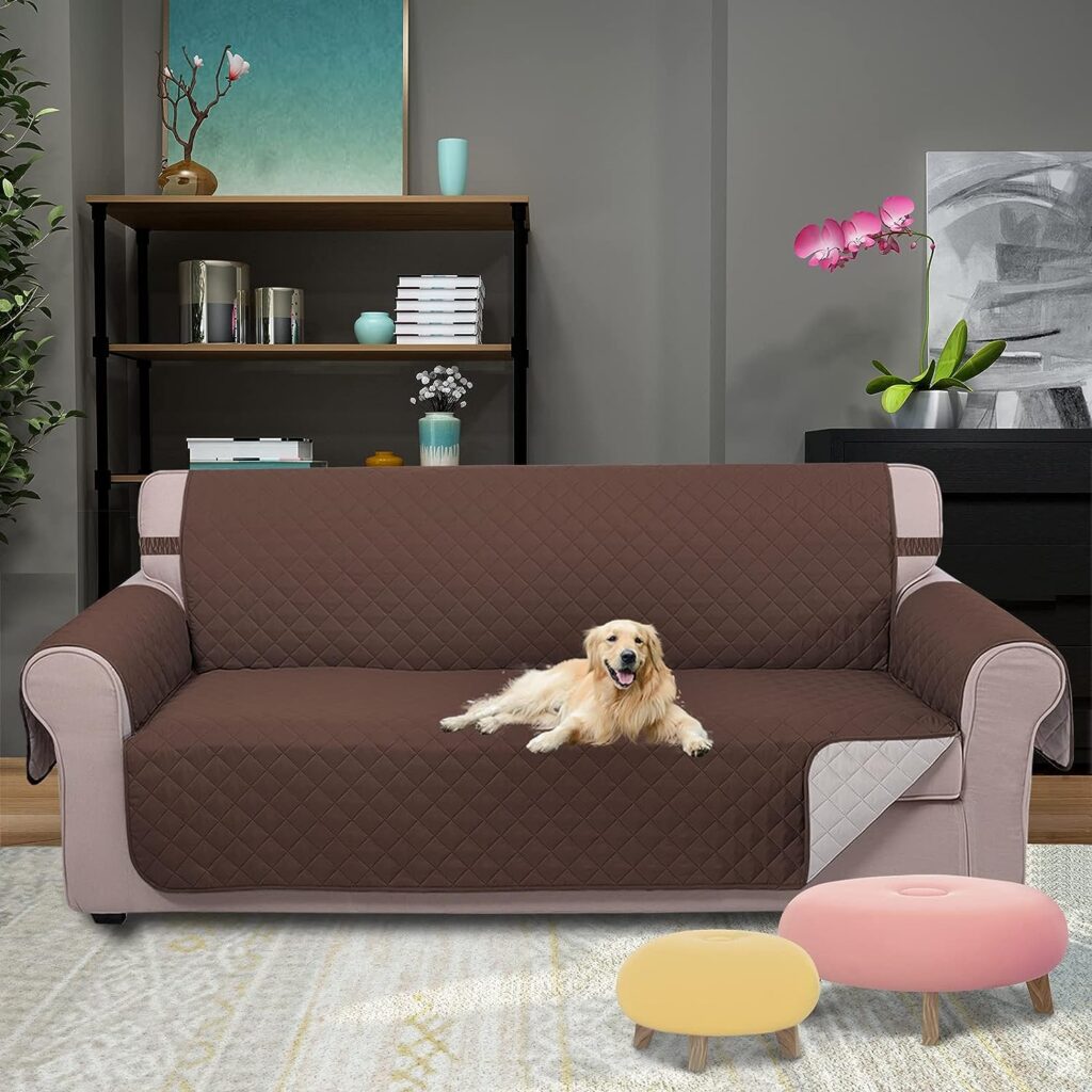 U-NICE HOME Reversible Sofa Cover Couch Cover for Dogs with Elastic Straps Water Resistant Furniture Protector for Pets Couch Cover for 3 Cushion Couch (Sofa, Coffee/Beige)