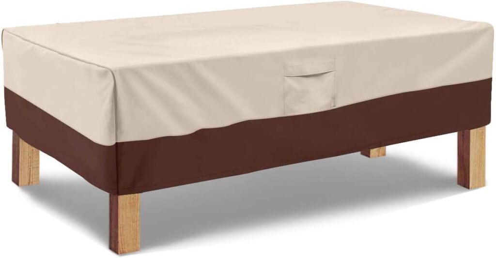 Vailge Rectangular Coffee Table Cover - Outdoor Lawn Patio Furniture Covers with Padded Handles and Durable Hem Cord - Heavy Duty and Waterproof,Fits Large Rectangular Coffee Table (Beige  Brown)