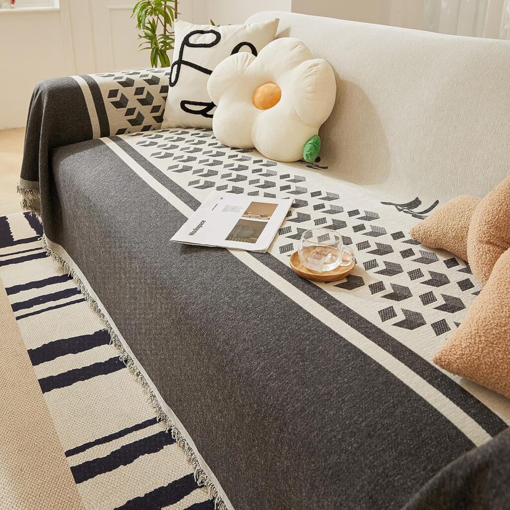 VClife Boho Couch Covers Soft Chenille Sofa Slipcover Reversible Black Beige Couch Covers 1 Pieces Reversible Geometric Pattern Slipcover for Dog Kids Bohemian Furniture Protector Cover